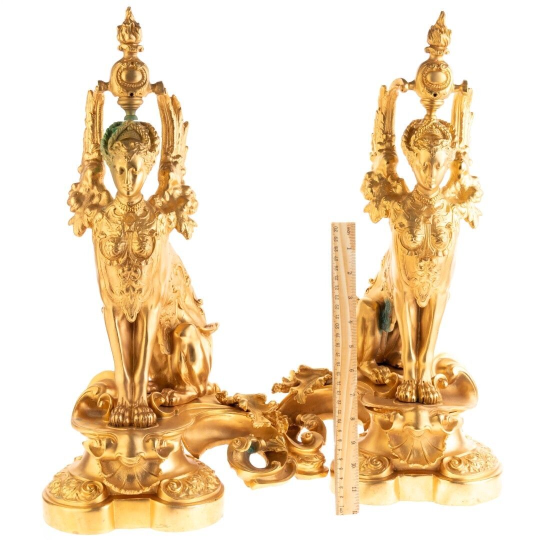 Antique Pair Of French Empire Gilt Metal Sphinxes Firedog Chenets 19th Century photo for sale