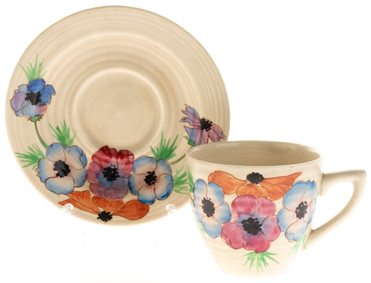 Art Deco Clarice Cliff Hand Painted Crocus Pattern Ceramic Pottery Teacup And Saucer