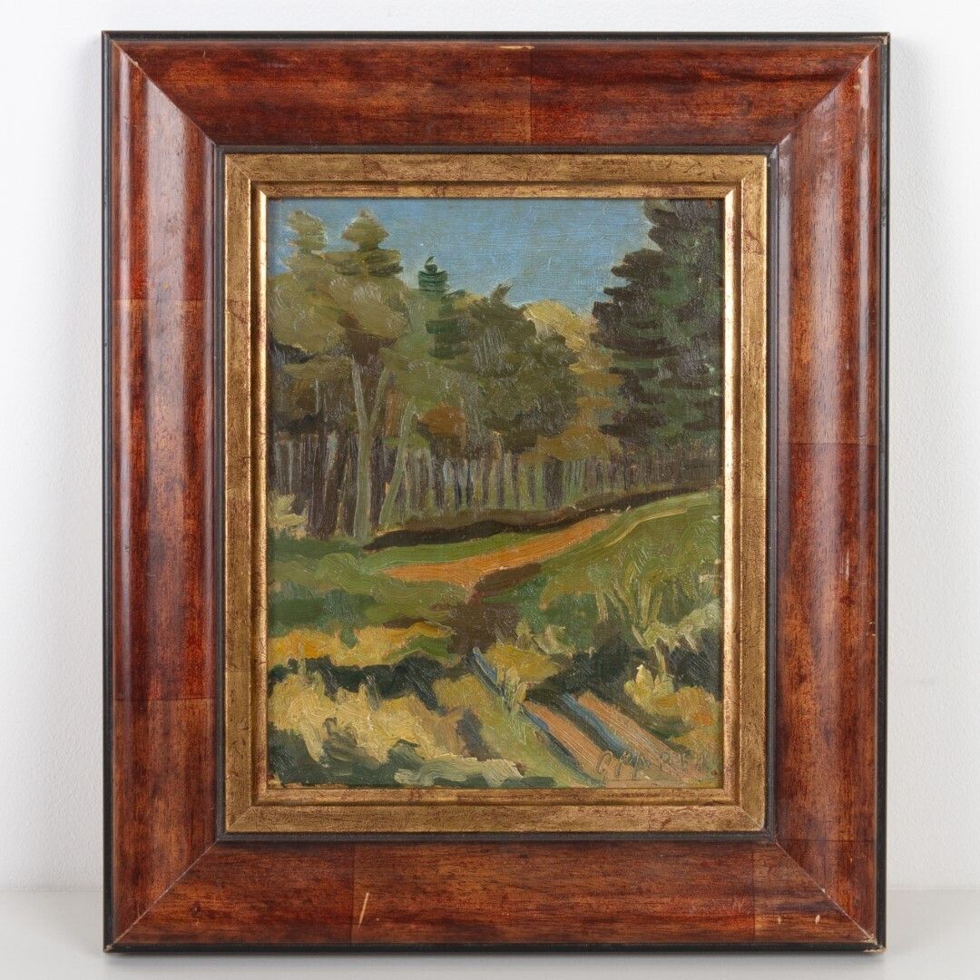 French Signed Impressionist Woodland Forest Landscape Oil Painting On Board Early 20th Century photo furniture