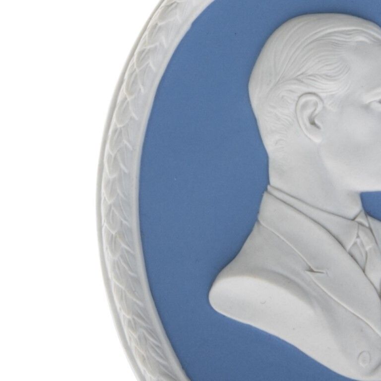 Wedgwood Blue Jasperware Ceramic Porcelain King Philip Portrait Medallion Laurel Leaf Plaque photo for sale