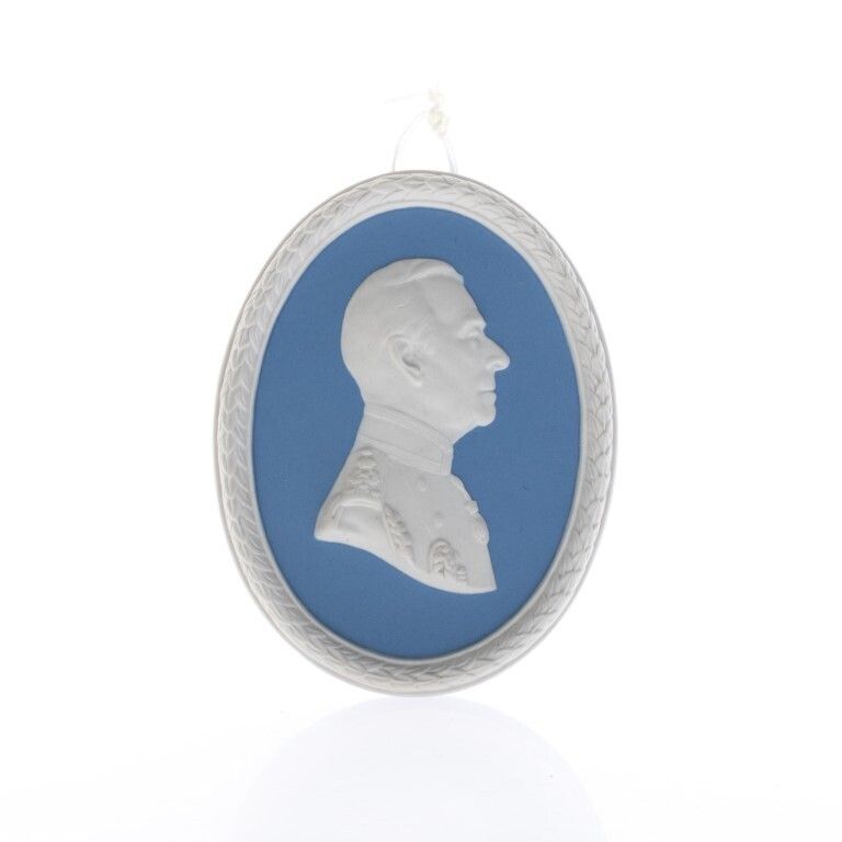 Wedgwood Blue Jasperware Ceramic Porcelain Earl Mountbatten Of Burma Portrait Medallion Laurel Leaf Plaque