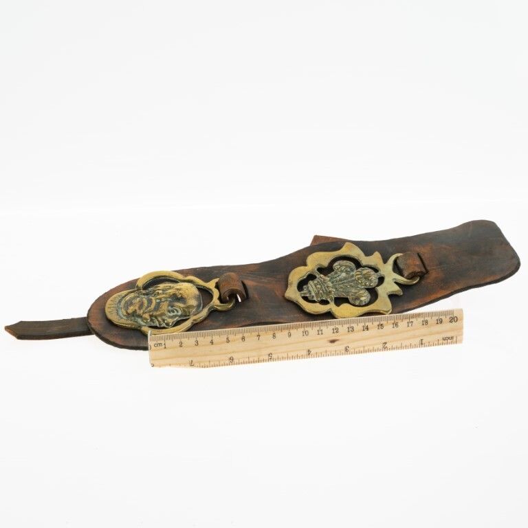 Antique Horse Brass Medallions On Leather Strap photo for sale