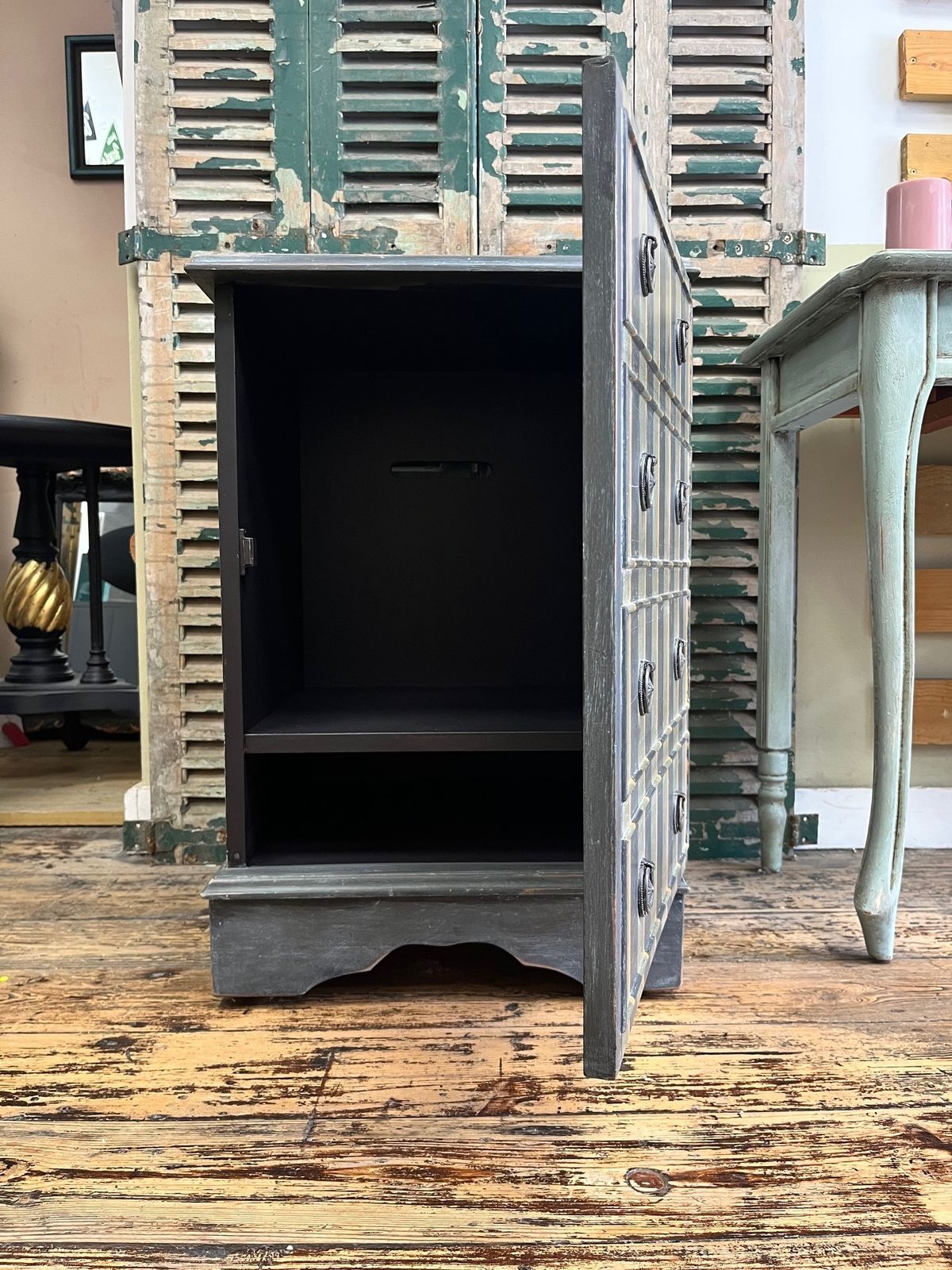 Hand Painted And Aged Graphite, Olive And Gold Striped Bedside Cabinet photo Furniture