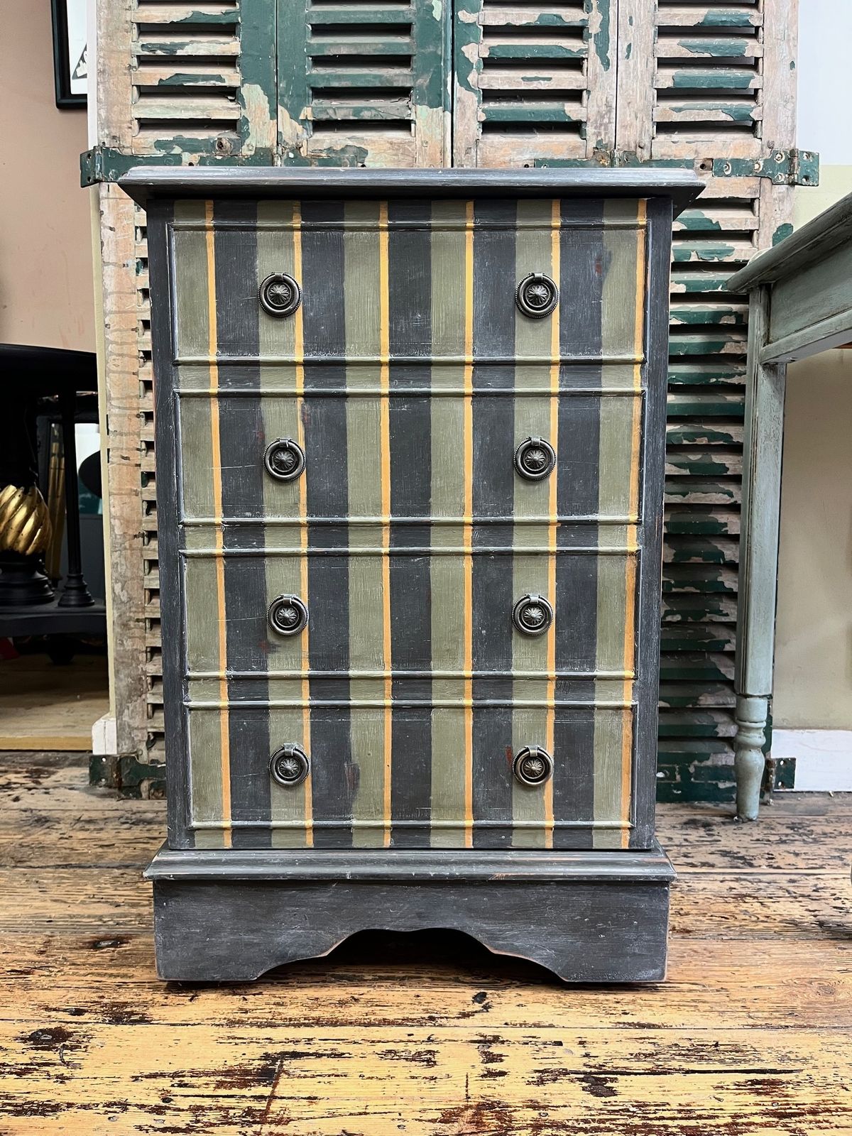 Hand Painted And Aged Graphite, Olive And Gold Striped Bedside Cabinet