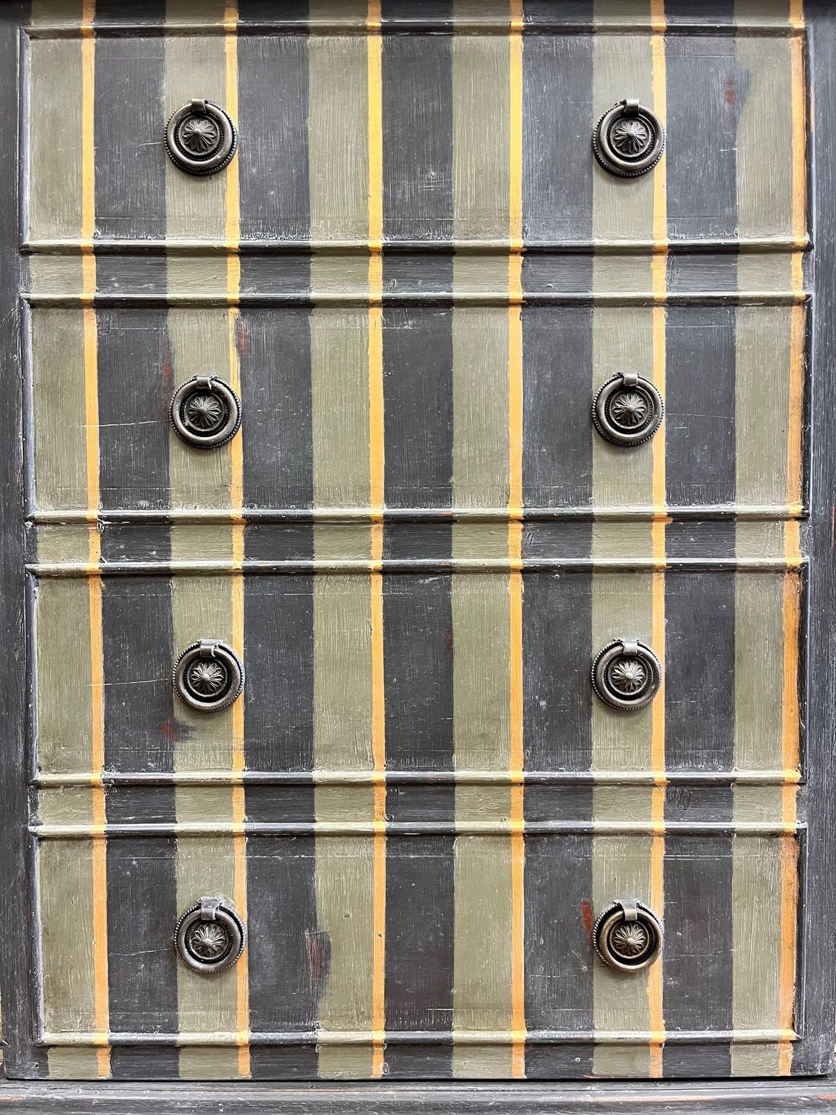 Hand Painted And Aged Graphite, Olive And Gold Striped Bedside Cabinet photo for sale