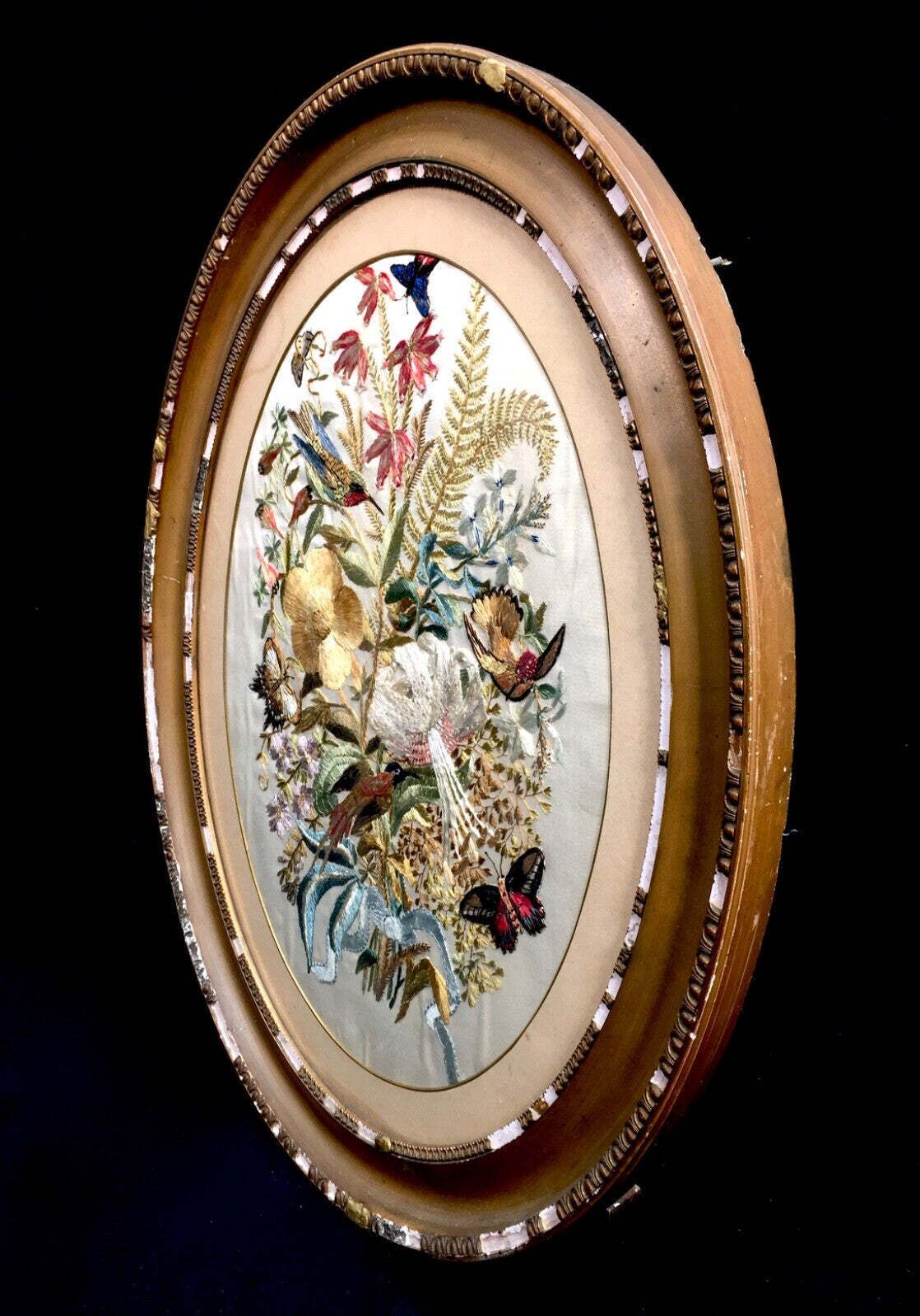 Antique Framed Silk Embroidered Picture Floral Design Wall Hanging / Vintage