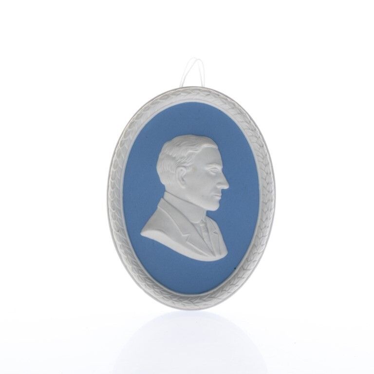 Wedgwood Blue Jasperware Ceramic Porcelain Brainerd Fischer Phillipson Portrait Medallion Laurel Leaf Plaque