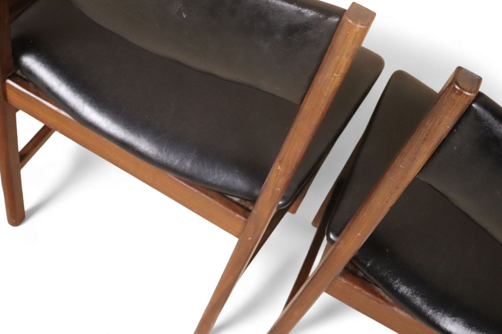 Furniture Set Of Six Mid Century Teak Archie Shine Black Leather Upholstered Dining Chairs photo