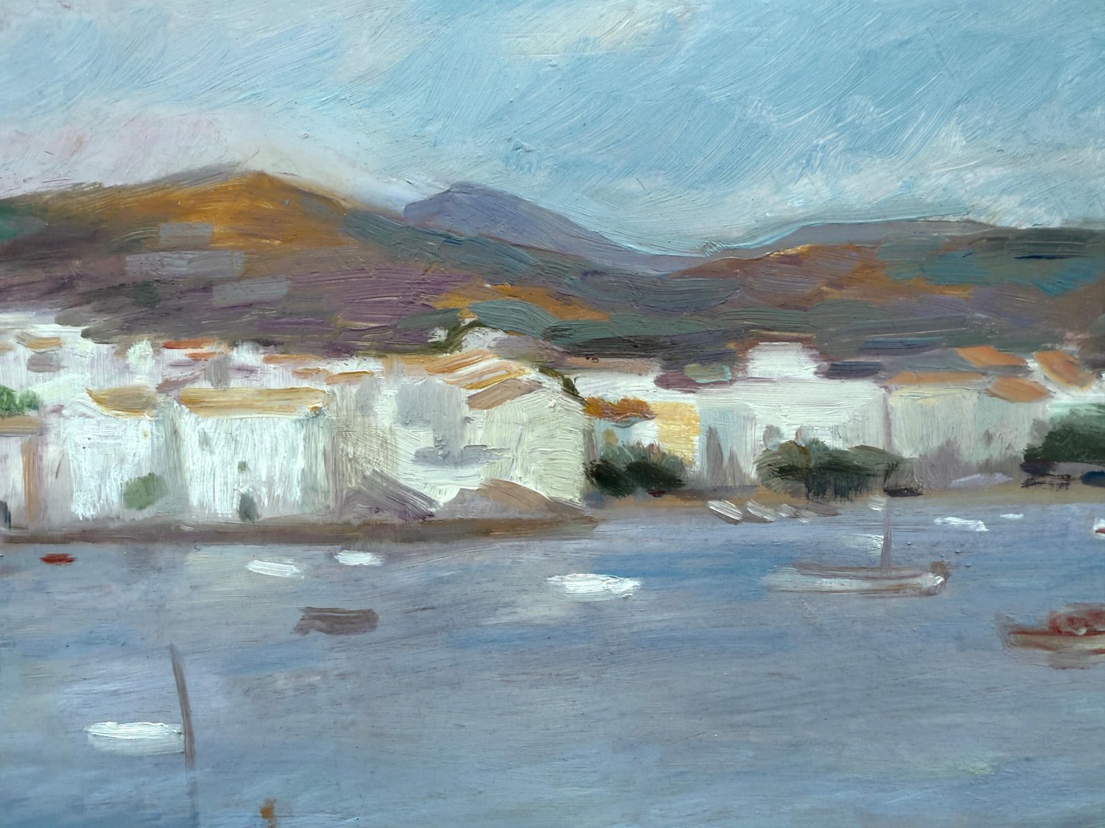 Ramon Pichot I Soler Cadaqués From The Bay Oil On Board Painting Spanish Mediterranean Seascape C.1980 photo 900.0