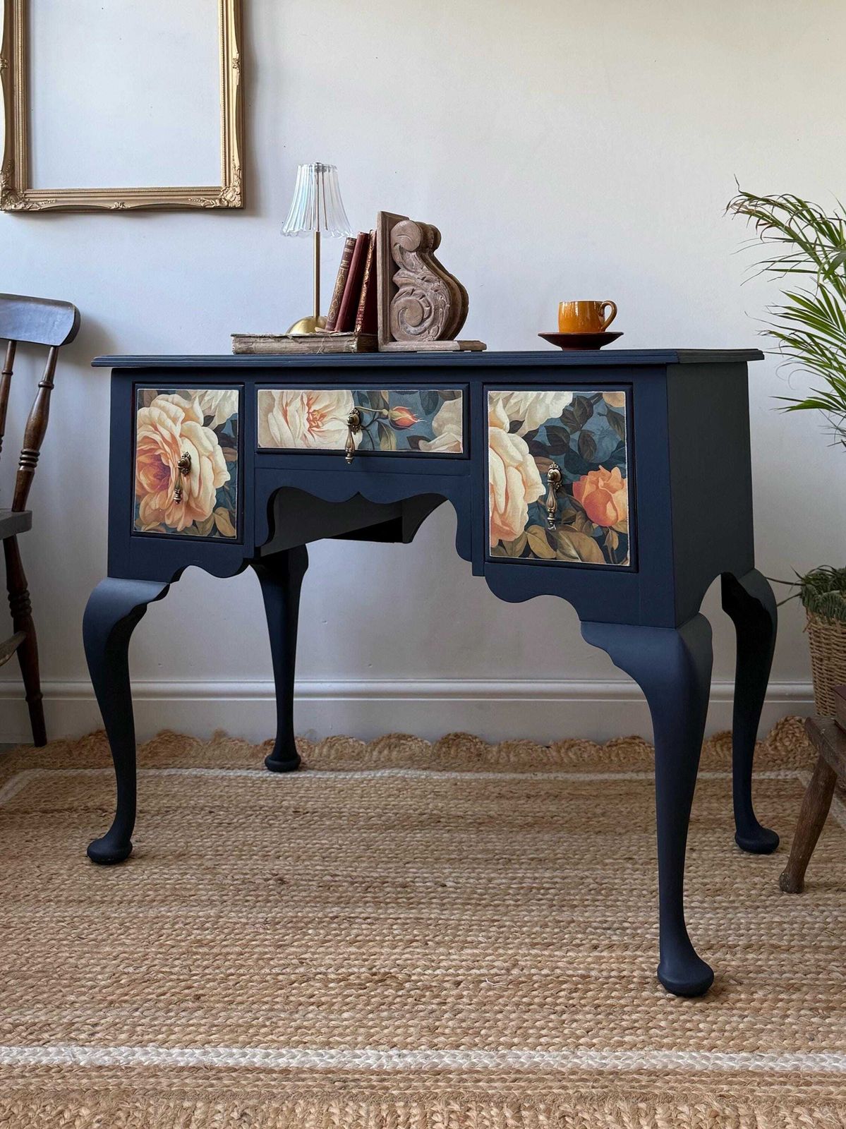 Vintage Lowboy Console Table Painted Navy Blue With Floral Detail photo vinterior