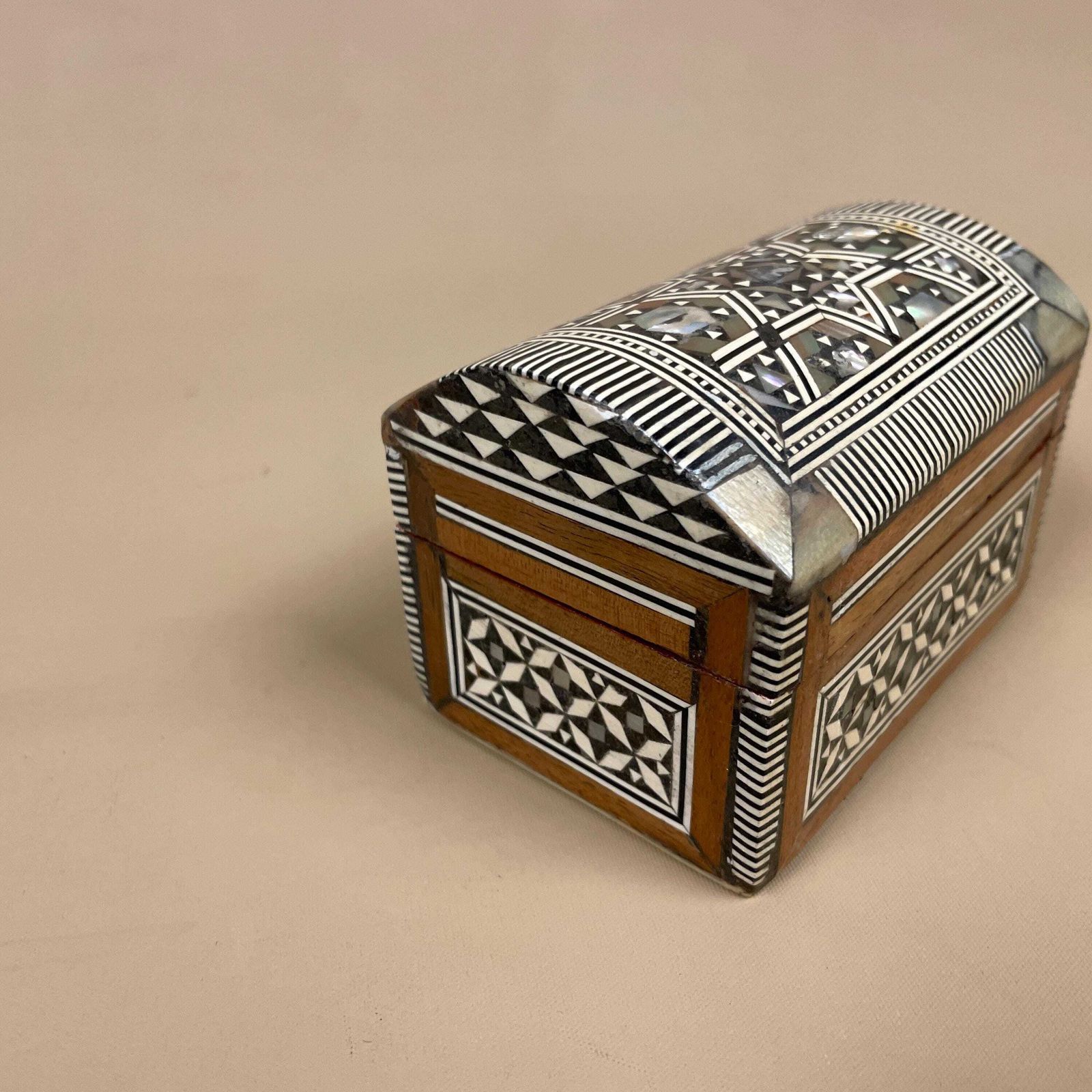 Vintage Small Wooden Mother Of Pearl Inlay Box Trinket Jewellery Middle Eastern Red Lining Rectangle Curved Top Lid photo for sale