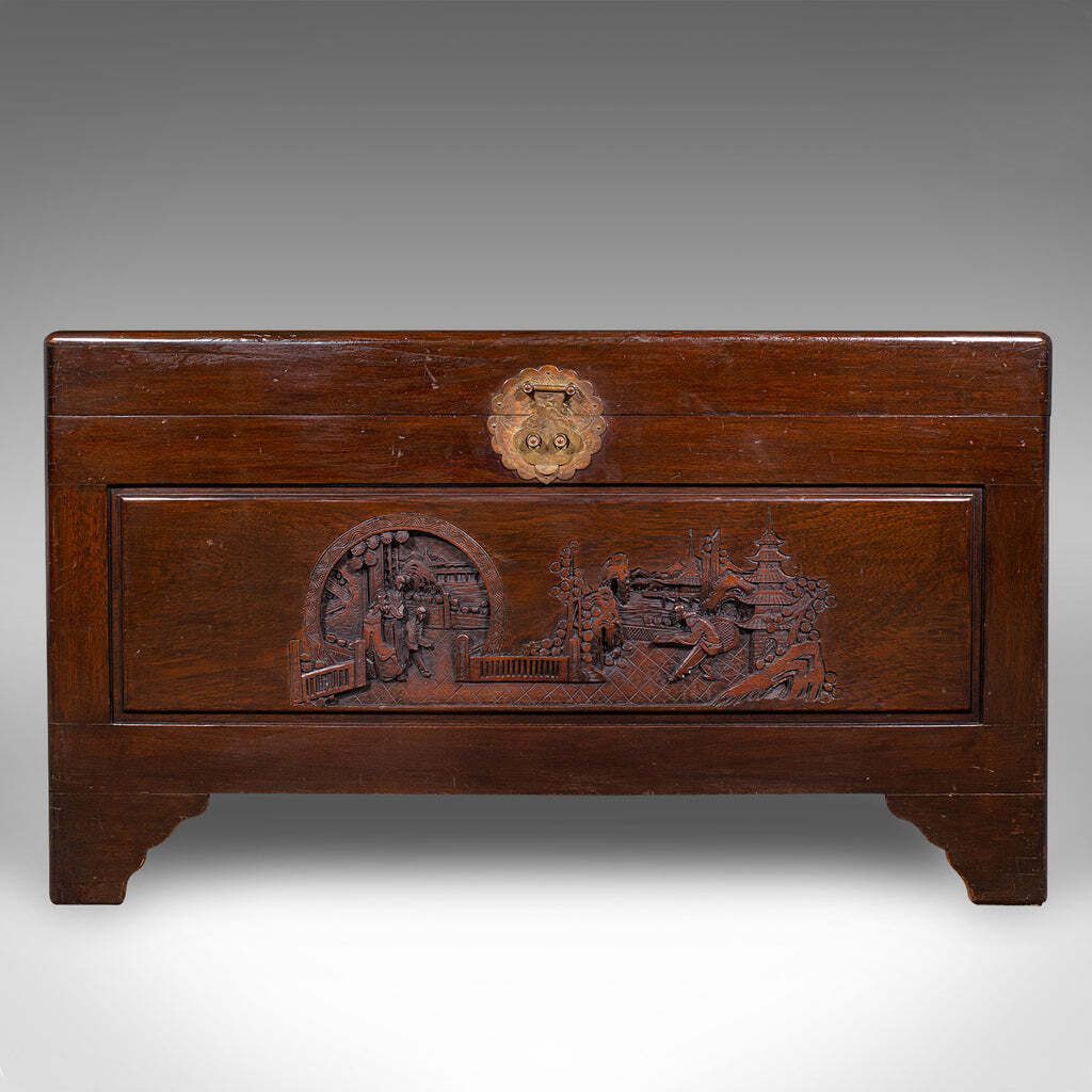 Large Vintage Carved Chest, Hong Kong, Camphorwood, Storage Trunk, Mid Century photo for sale