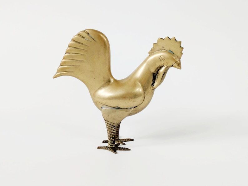 Midcentury Brass Rooster Figurine, Stylized Modernist Bird Sculpture, Vintage Brass Animal Decor