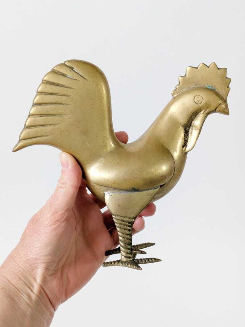 Midcentury Brass Rooster Figurine, Stylized Modernist Bird Sculpture, Vintage Brass Animal Decor photo for sale