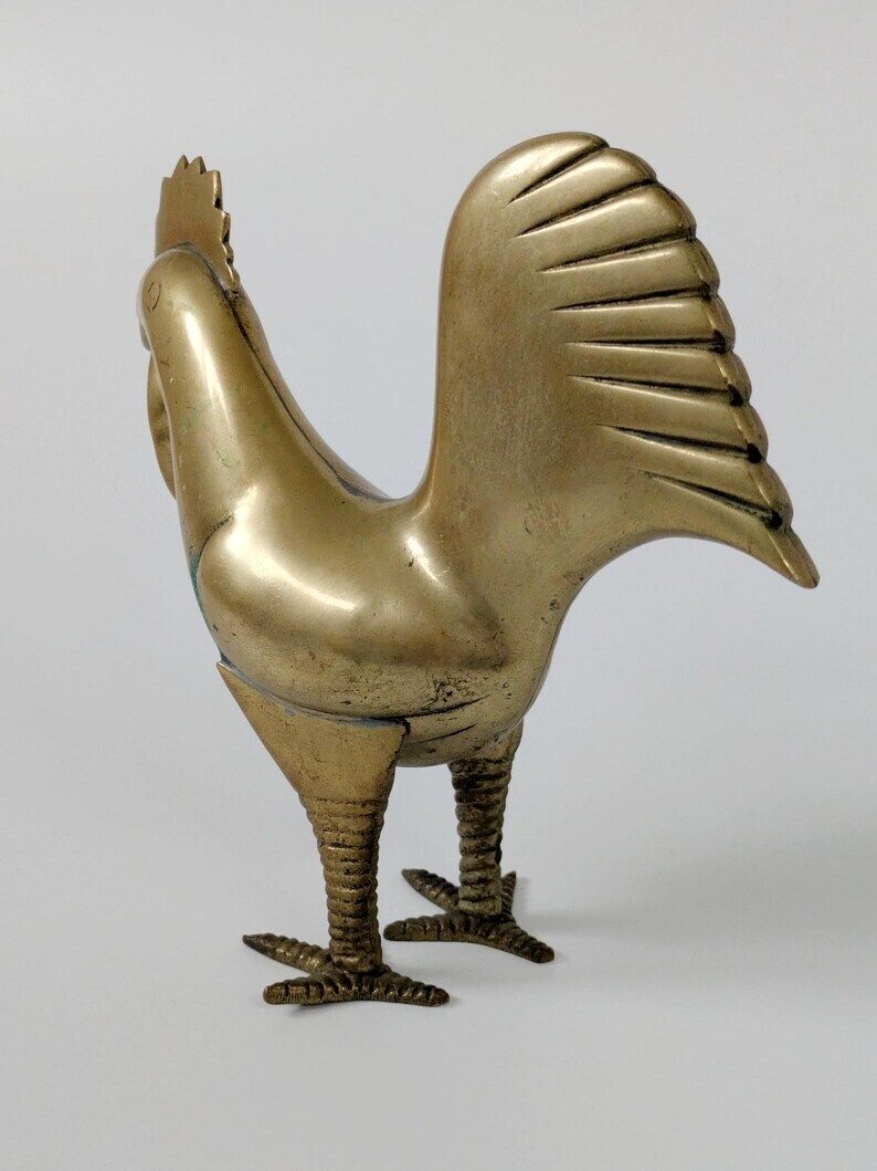 Midcentury Brass Rooster Figurine, Stylized Modernist Bird Sculpture, Vintage Brass Animal Decor photo buy