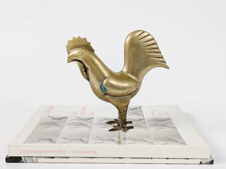 photo for sale Midcentury Brass Rooster Figurine, Stylized Modernist Bird Sculpture, Vintage Brass Animal Decor