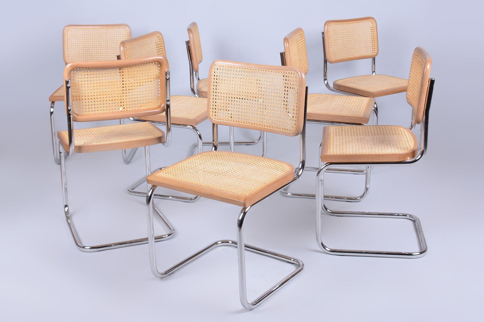 Set Of Eight Restored Bauhaus Cesca Chairs, By M. Breuer, Chrome, Italy, 1980s