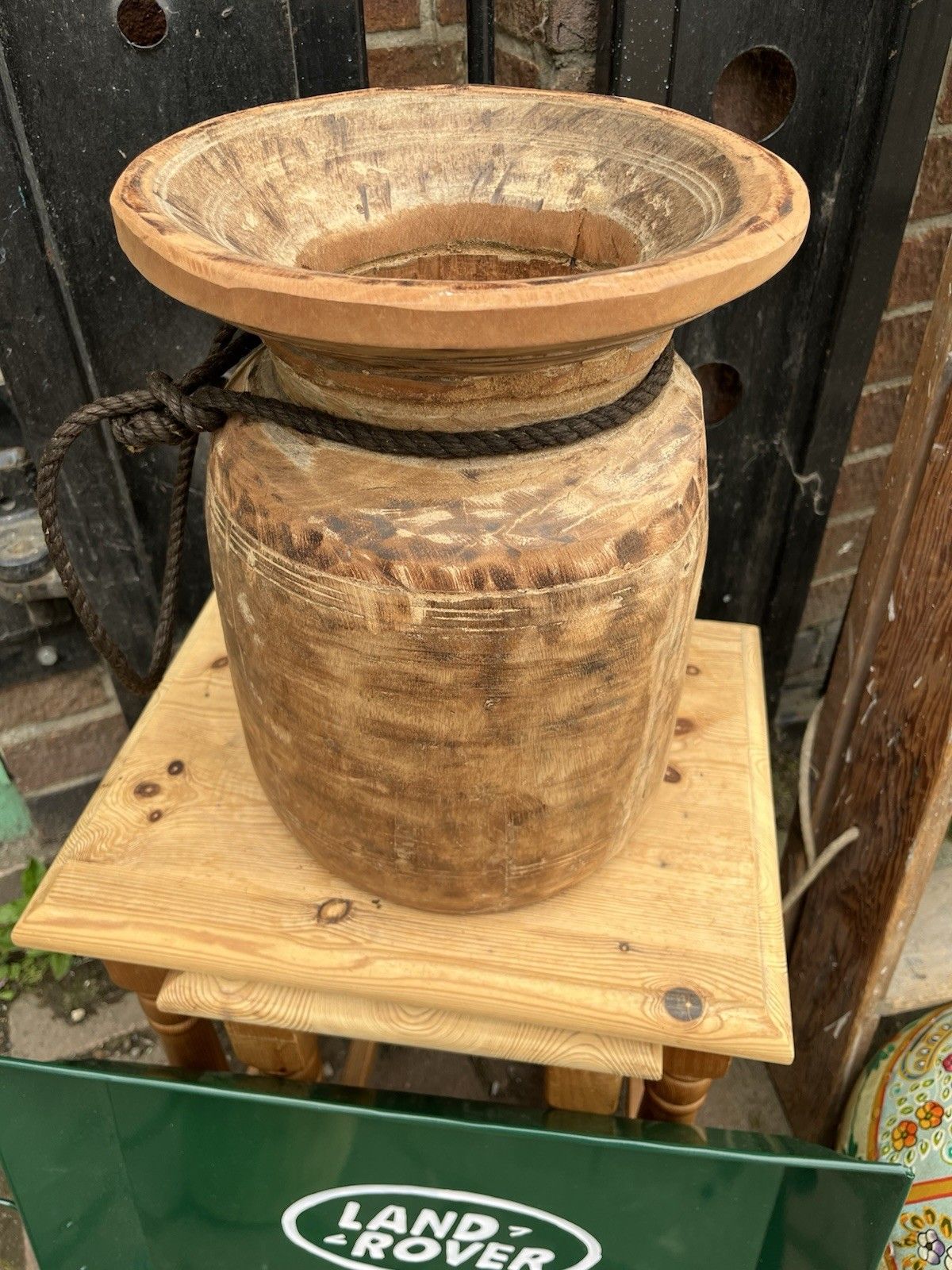 Large Rustic Wooden Farmhouse Indian Asian Himachal Pot  Vase Jug Centrepiece