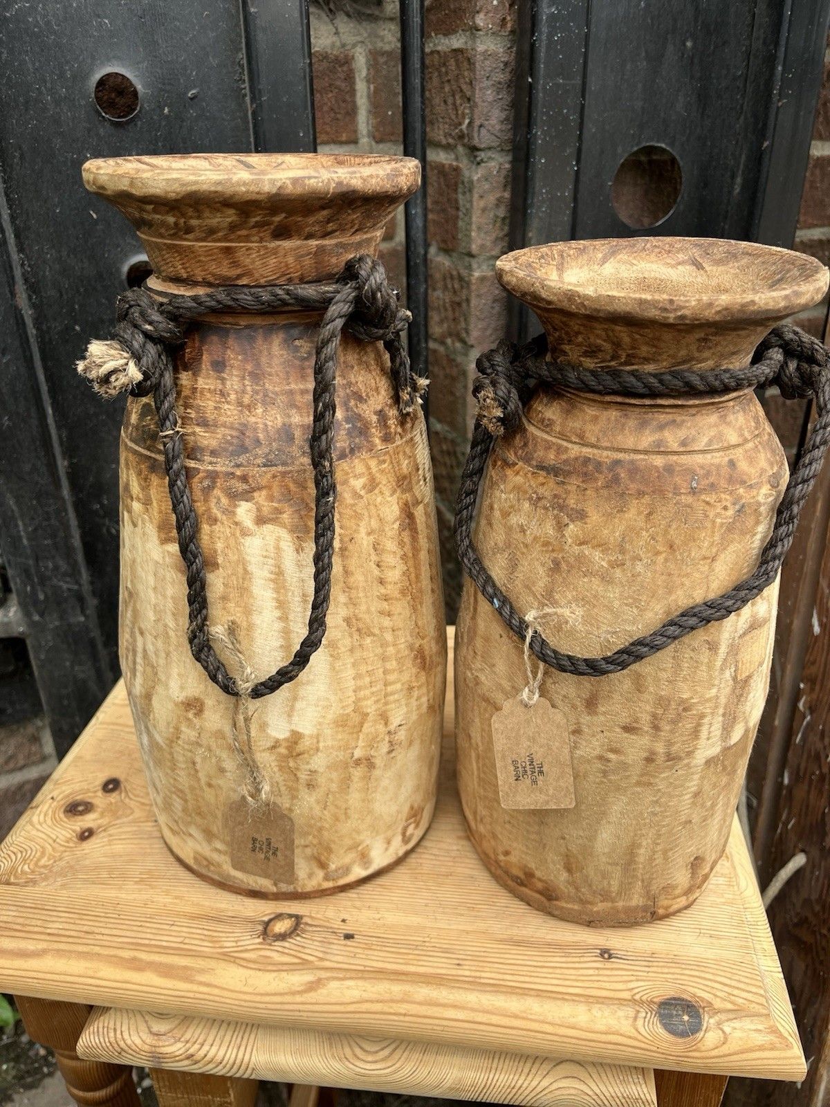 Pair Of Rustic Wooden Farmhouse Indian Asian Himachal Pot  Vase Jug Centrepiece photo Home Decor