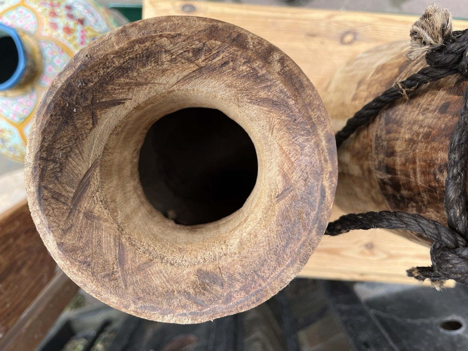 Pair Of Rustic Wooden Farmhouse Indian Asian Himachal Pot  Vase Jug Centrepiece photo vintage
