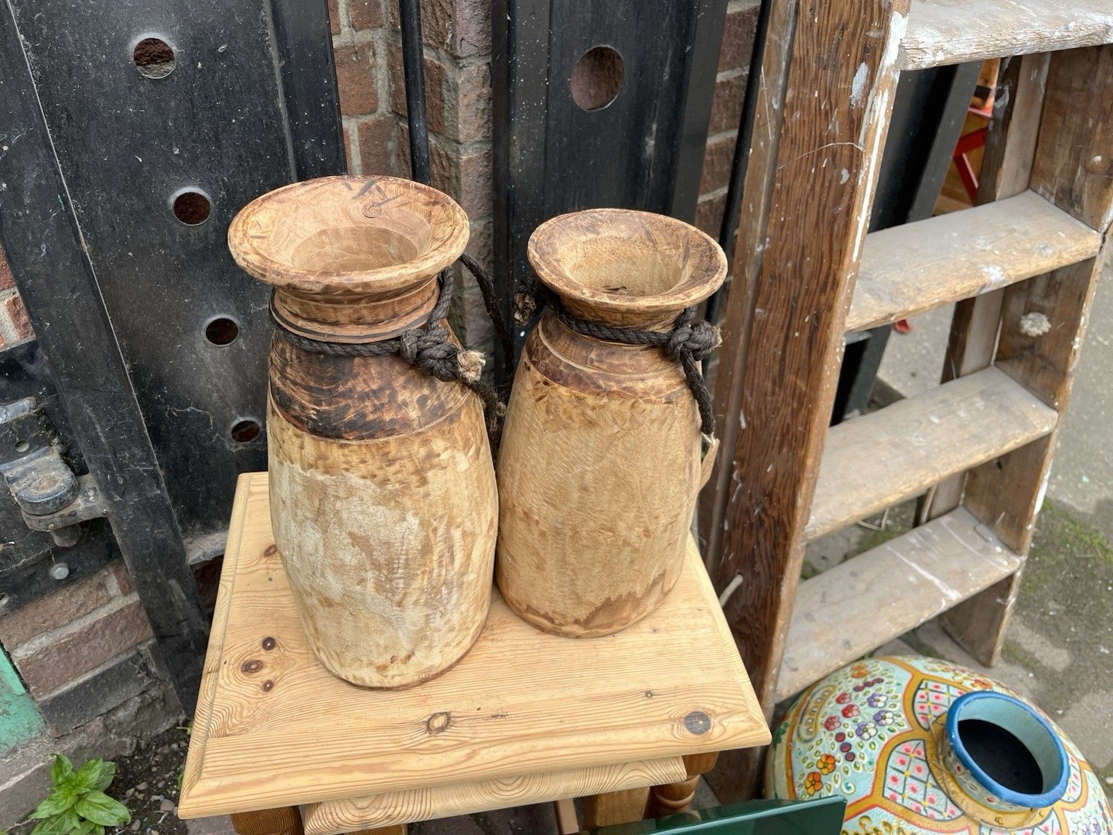 photo furniture Pair Of Rustic Wooden Farmhouse Indian Asian Himachal Pot  Vase Jug Centrepiece