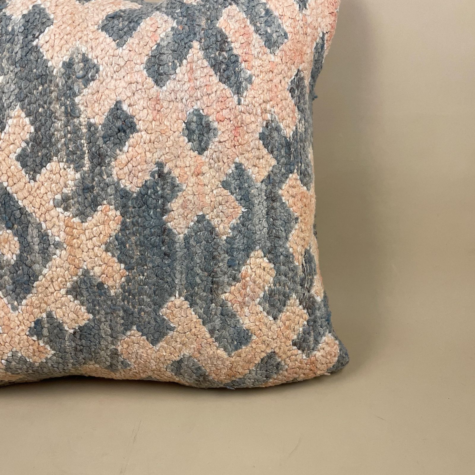 Antique Kilim Cushion Moroccan Rug Carpet Pillow Feather Filled Handwoven Patterned Scatter Vintage Square Pattern Grey Blue Pink photo Textiles