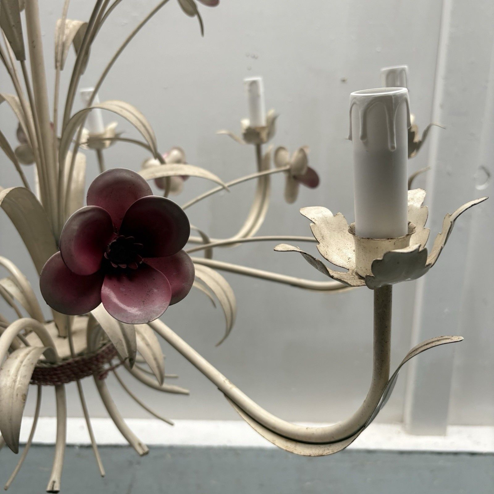 Large Vintage 1970s French Shabby Chic Tole Ware Flower Chandelier Ceiling Lamp photo for sale