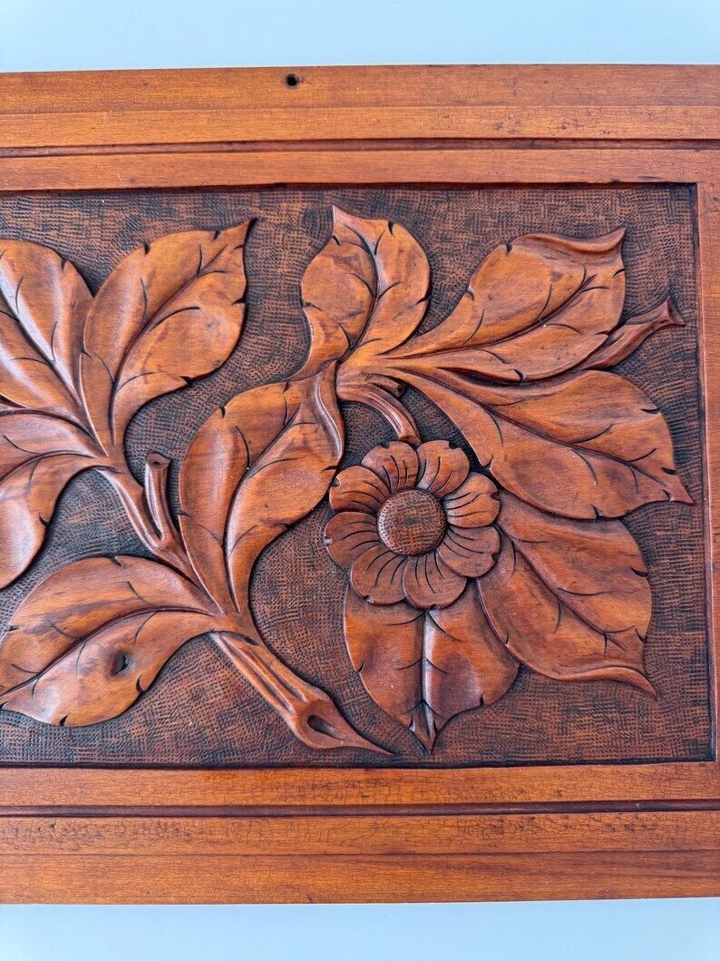 Arts And Crafts Wooden Panel, Hand Carved Floral Wooden Panel, Wall Decor photo vintage