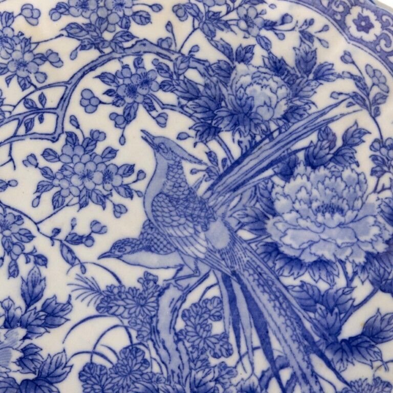 Antique Chinese Blue White Transferware Scalloped Porcelain Plate With Exotic Birds Qing Dynasty photo furniture