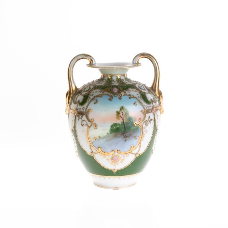 Antique Art Nouveau Noritake Gilt Japanese Hand Enameled Porcelain Vase photo for sale