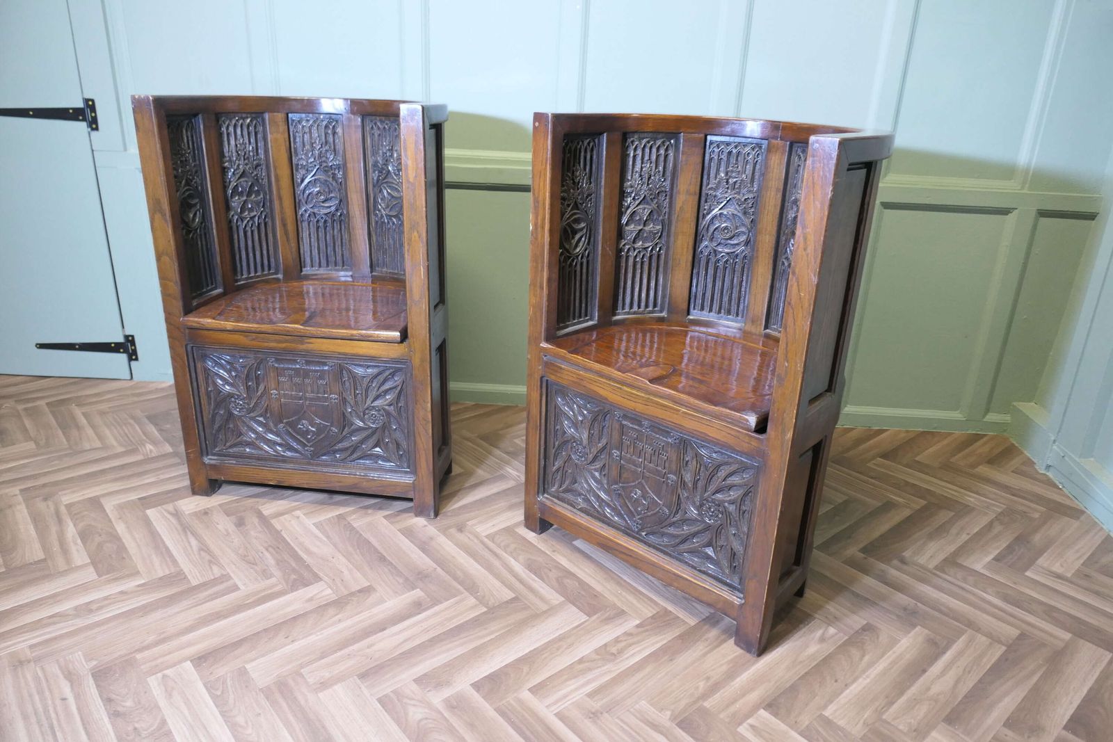 Arts And Crafts Carved Barrel Back Hall Or Library Chairs photo 1860.0