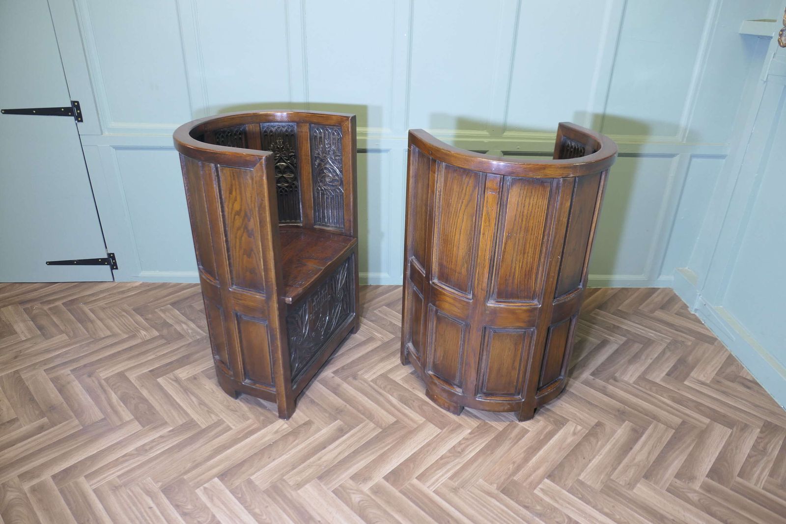 Furniture Arts And Crafts Carved Barrel Back Hall Or Library Chairs photo
