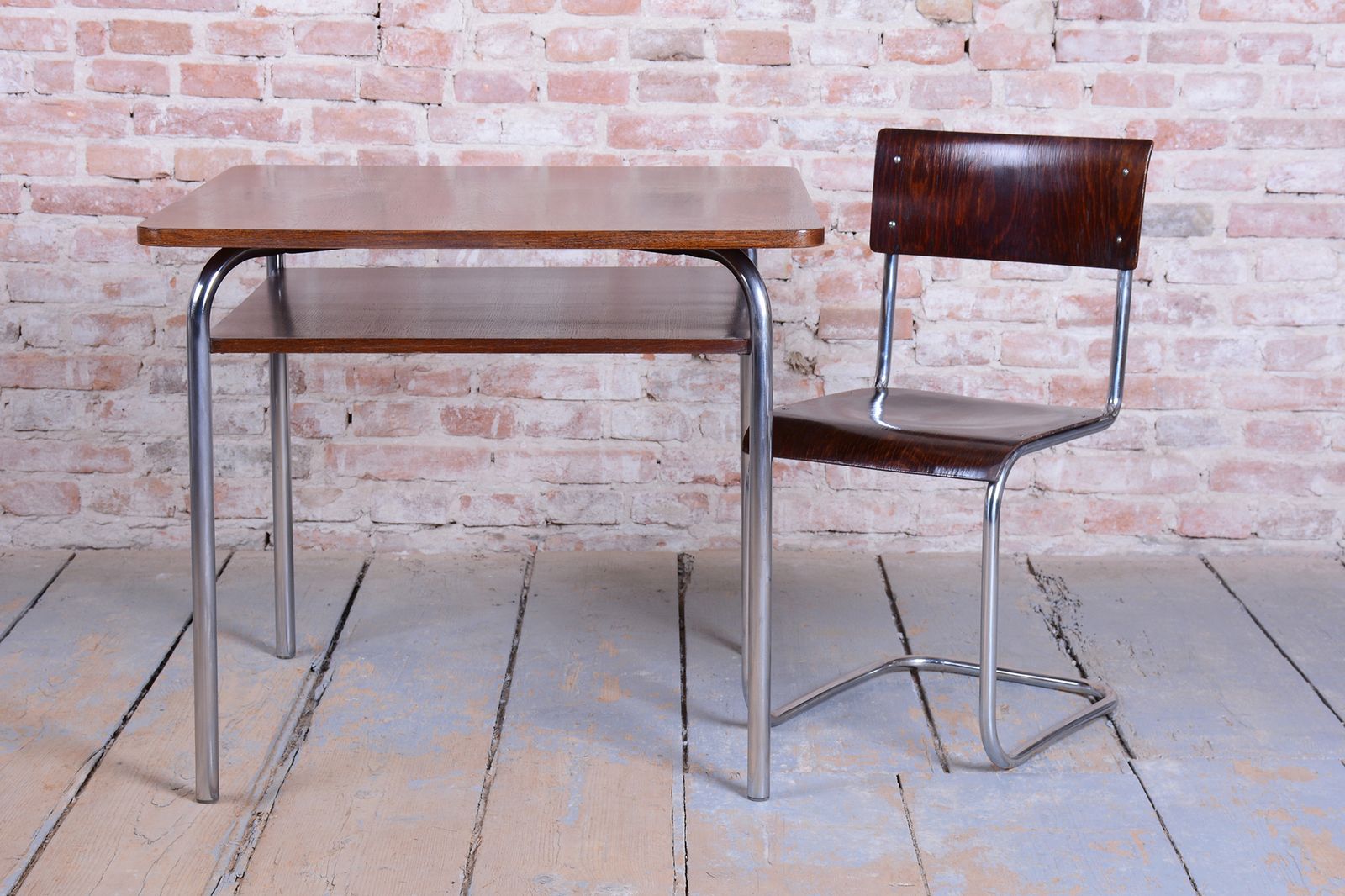 photo vinterior Restored Bauhaus Table, By Vichr A Spol., Oak, Chrome, Polished, Czech, 1940s