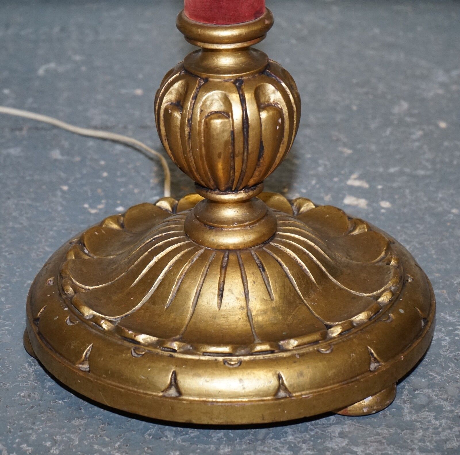 Circa 1940 Italian Red Fabric And Gilt Floor Standing Lamp With Original Shade photo vintage