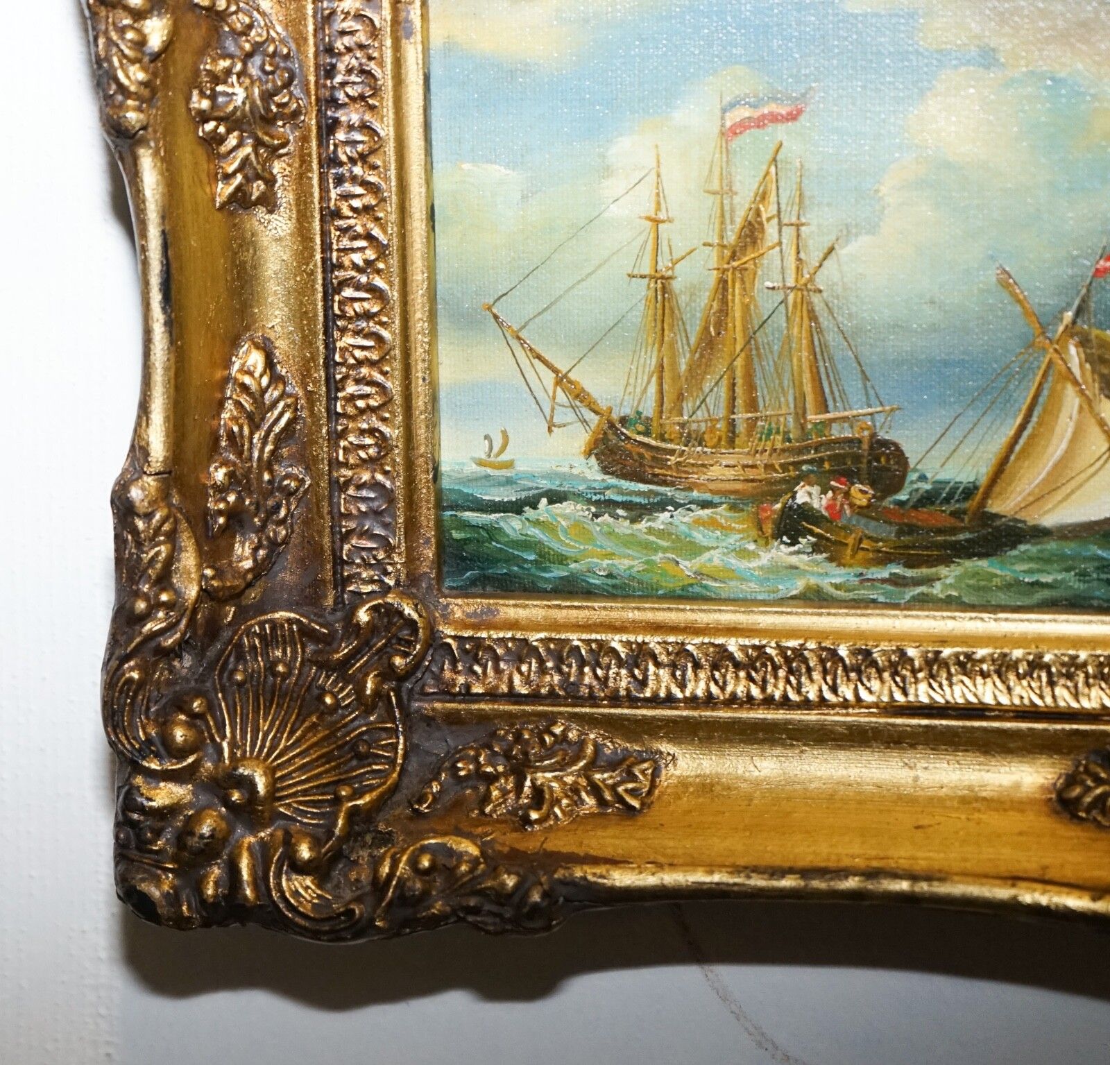 Fine Antique Early 20th Century Oil Painting Of French Ship Giltwood Frame photo buy