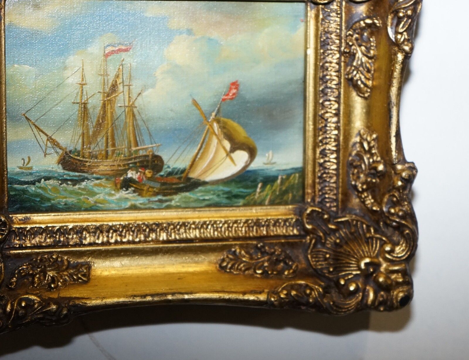 Fine Antique Early 20th Century Oil Painting Of French Ship Giltwood Frame photo vintage
