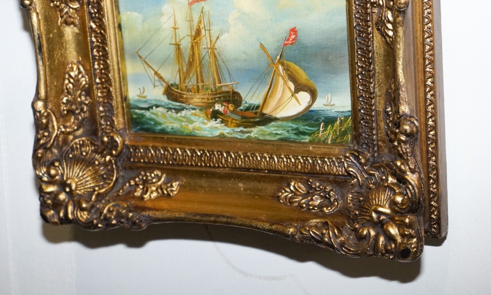 photo for sale Fine Antique Early 20th Century Oil Painting Of French Ship Giltwood Frame