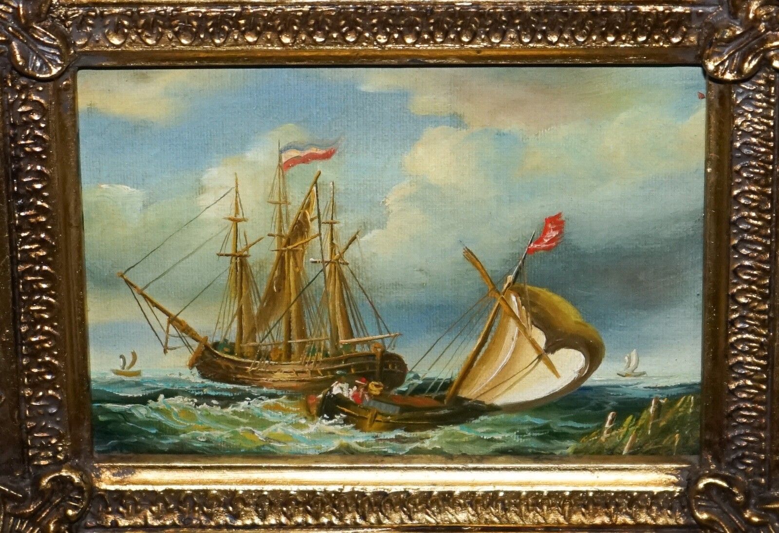 Art Fine Antique Early 20th Century Oil Painting Of French Ship Giltwood Frame photo