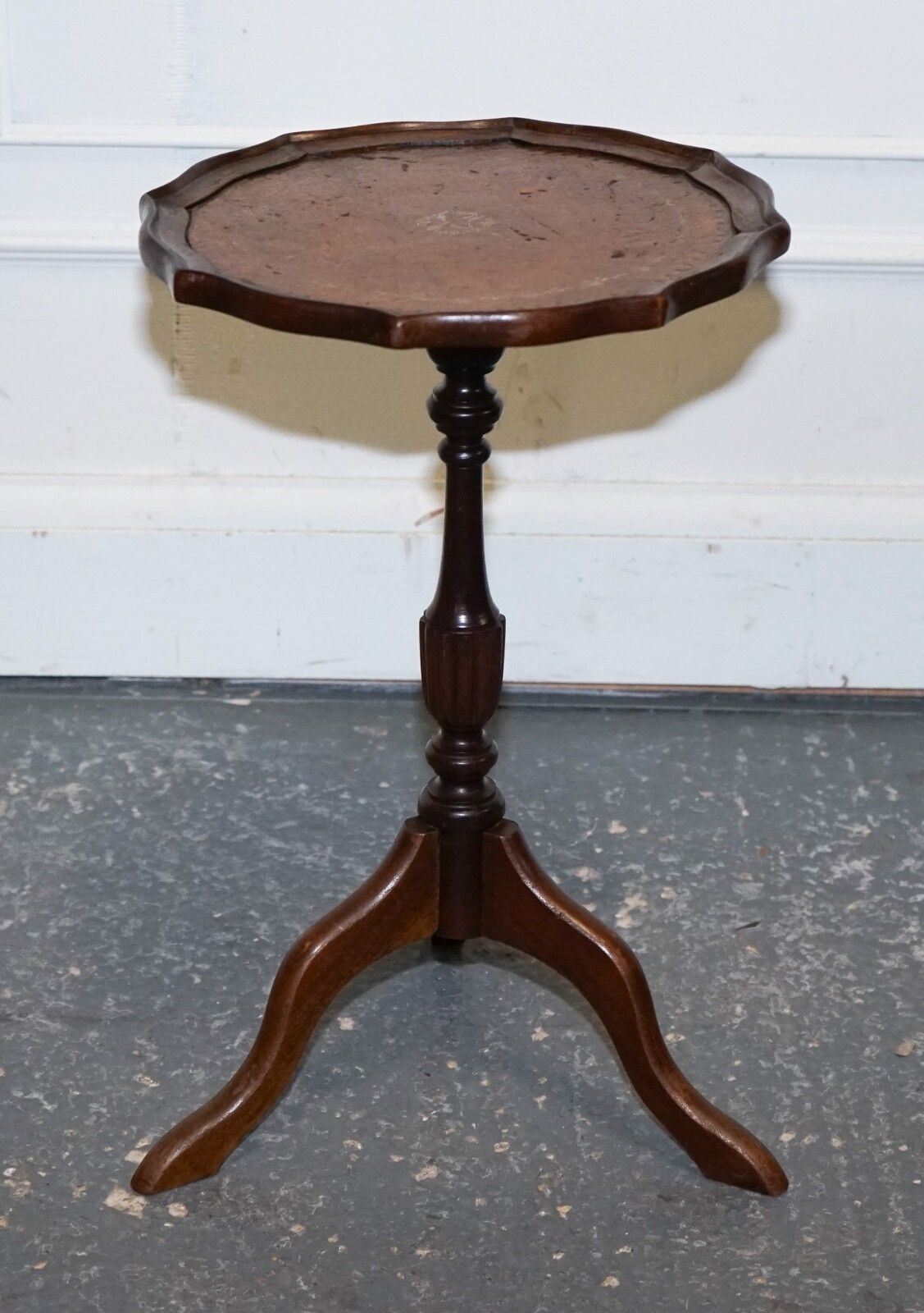 Lovely Vintage Brown Gold Leather Top Plant Wine Side Stand On Tripod Feet photo for sale