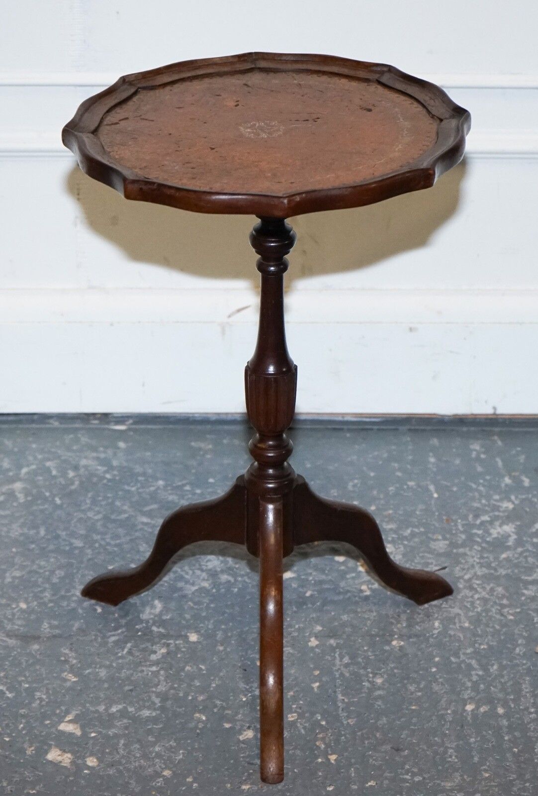 Lovely Vintage Brown Gold Leather Top Plant Wine Side Stand On Tripod Feet photo Furniture