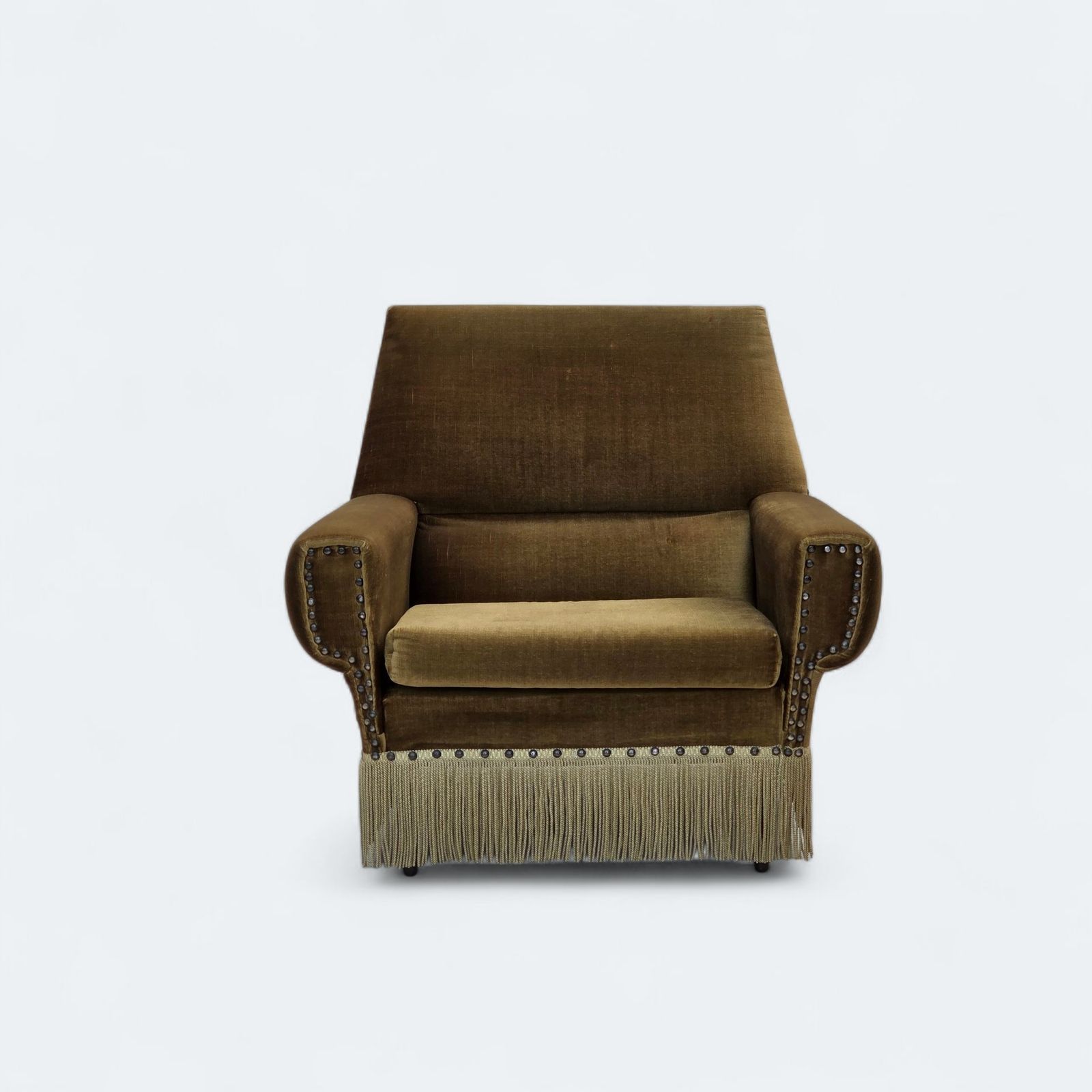 Jaren 1970, Deense Fauteuil, Groen Meubelvelours, Essen Houten Poten.