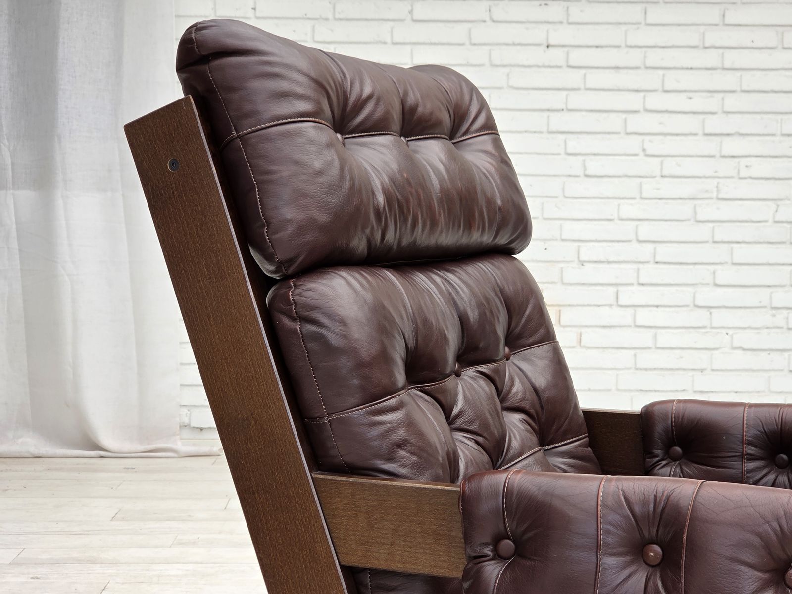 1970s, Scandinavian Highback Armchair, Brown Furniture Leather, Dark Beech Wood. photo Furniture