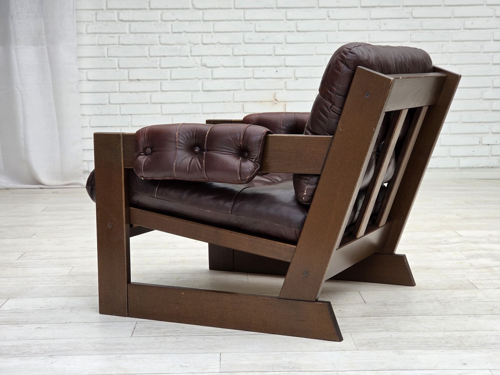 1970s, Scandinavian Armchair, Brown Furniture Leather, Dark Beech Wood. photo 1295.0