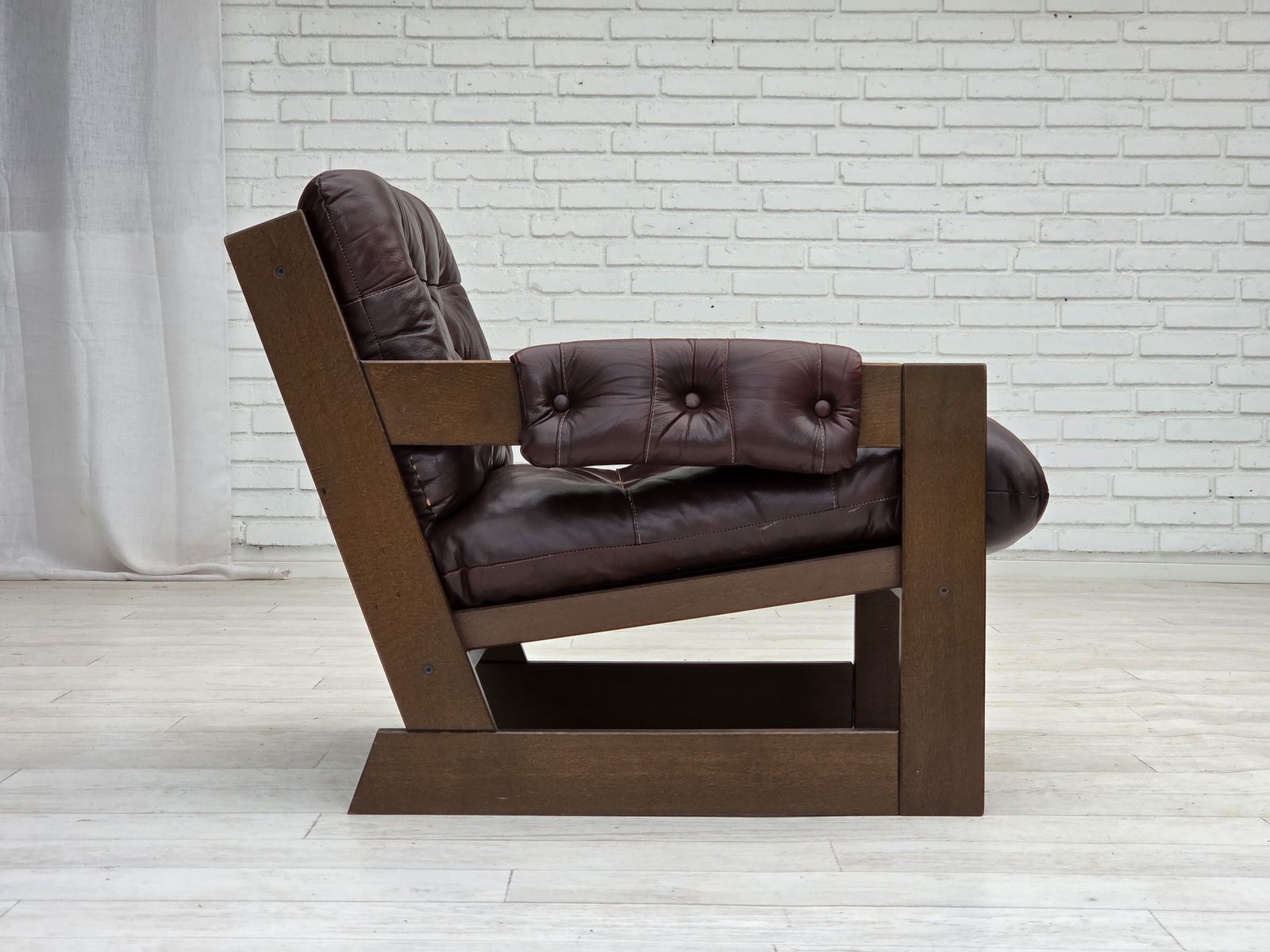 photo buy 1970s, Scandinavian Armchair, Brown Furniture Leather, Dark Beech Wood.