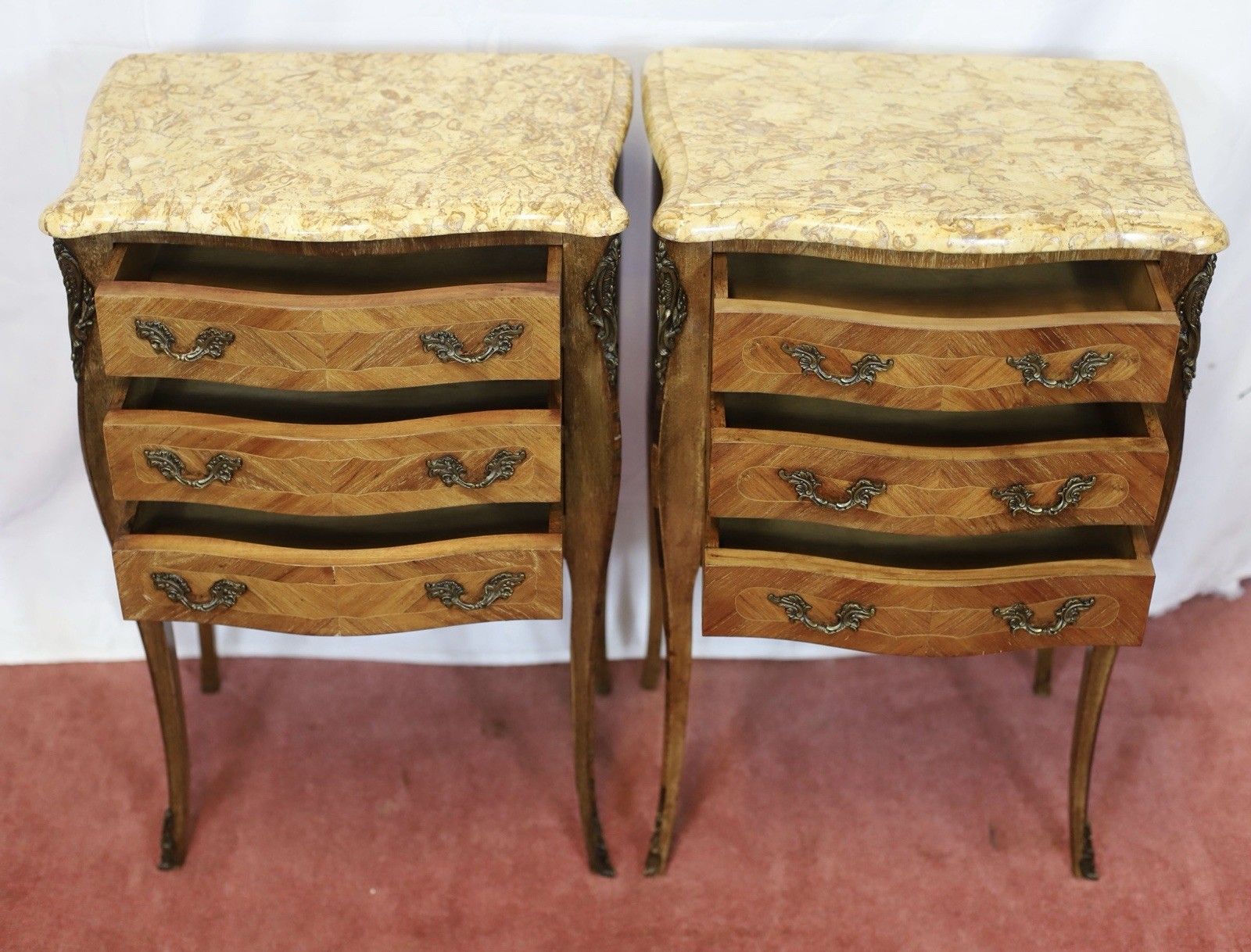Beautiful Pair Of Louis XV Marble Topped Walnut Bedside Tables photo for sale