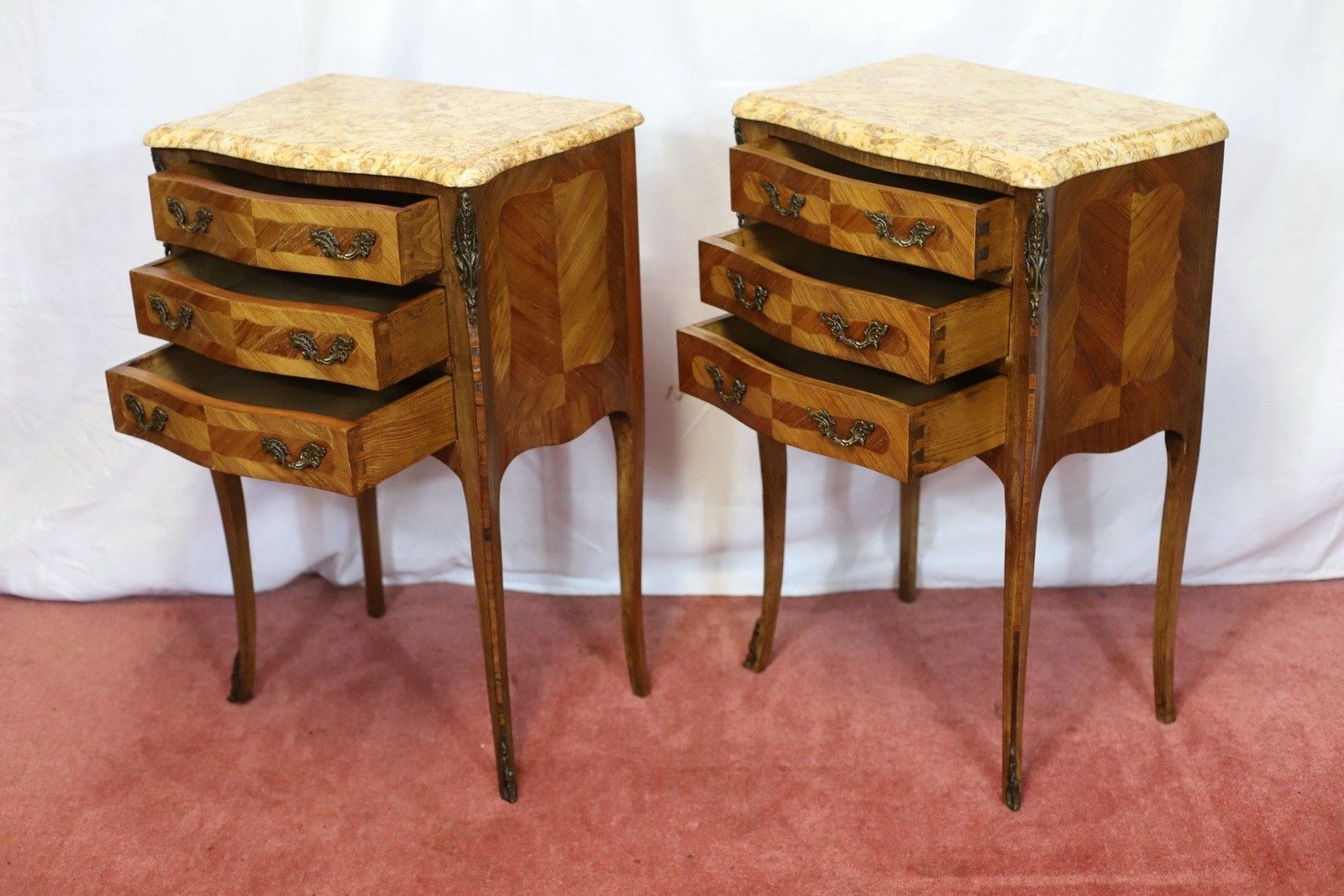 Beautiful Pair Of Louis XV Marble Topped Walnut Bedside Tables photo vinterior