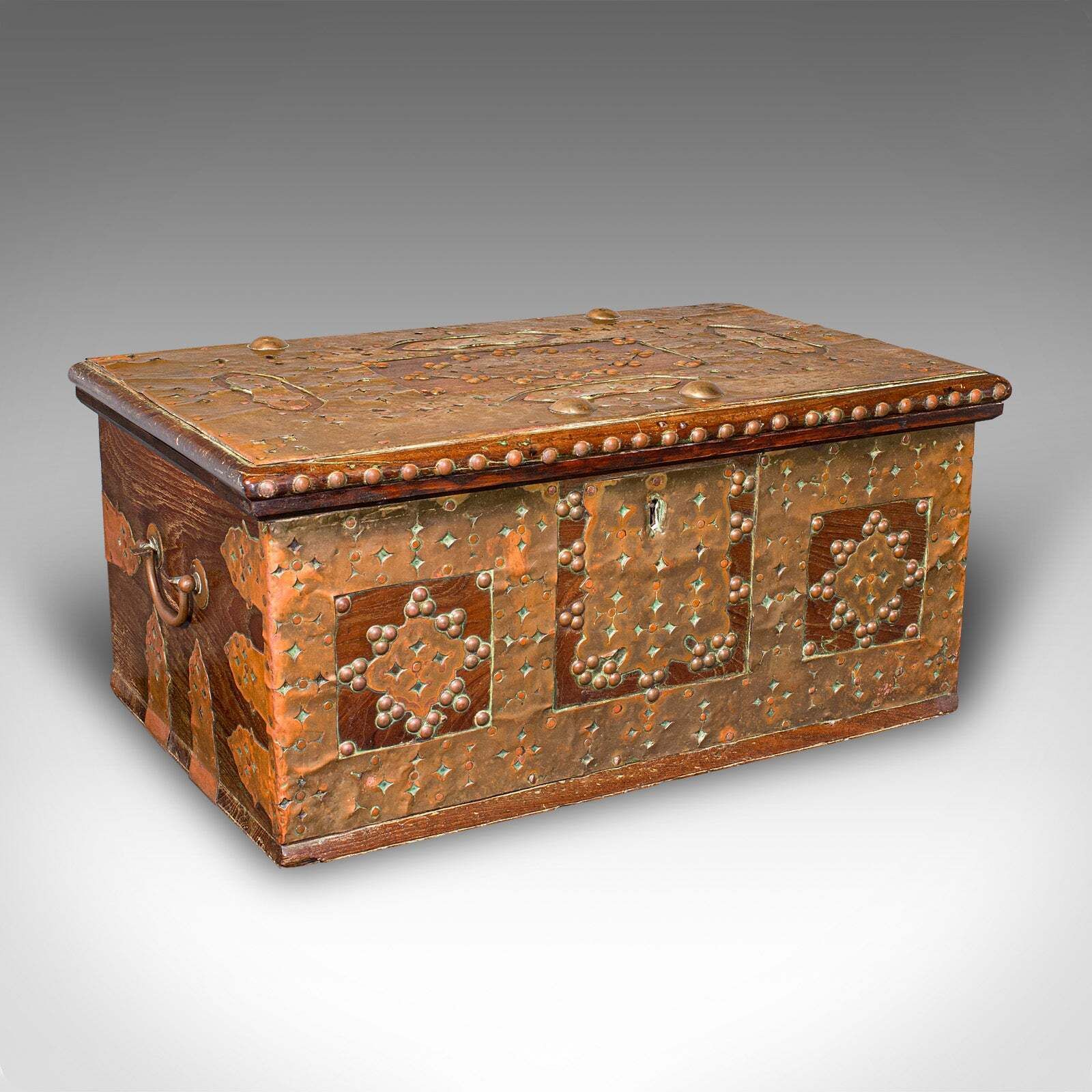 Small Antique Zanzibar Chest, East African Teak, Brass, Travel Trunk, Victorian