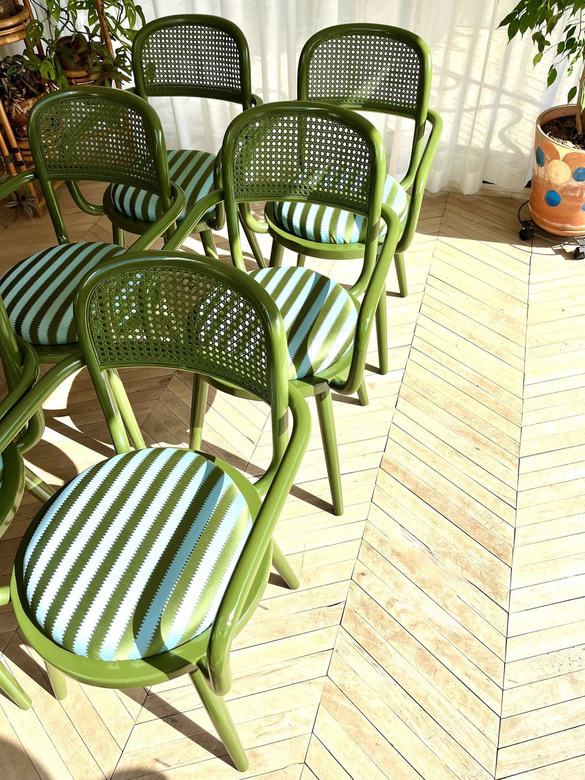 Upholstered Set Of Six 1980s Italian Bistro Bentwood & Cane Green Lacquered Chairs photo Furniture
