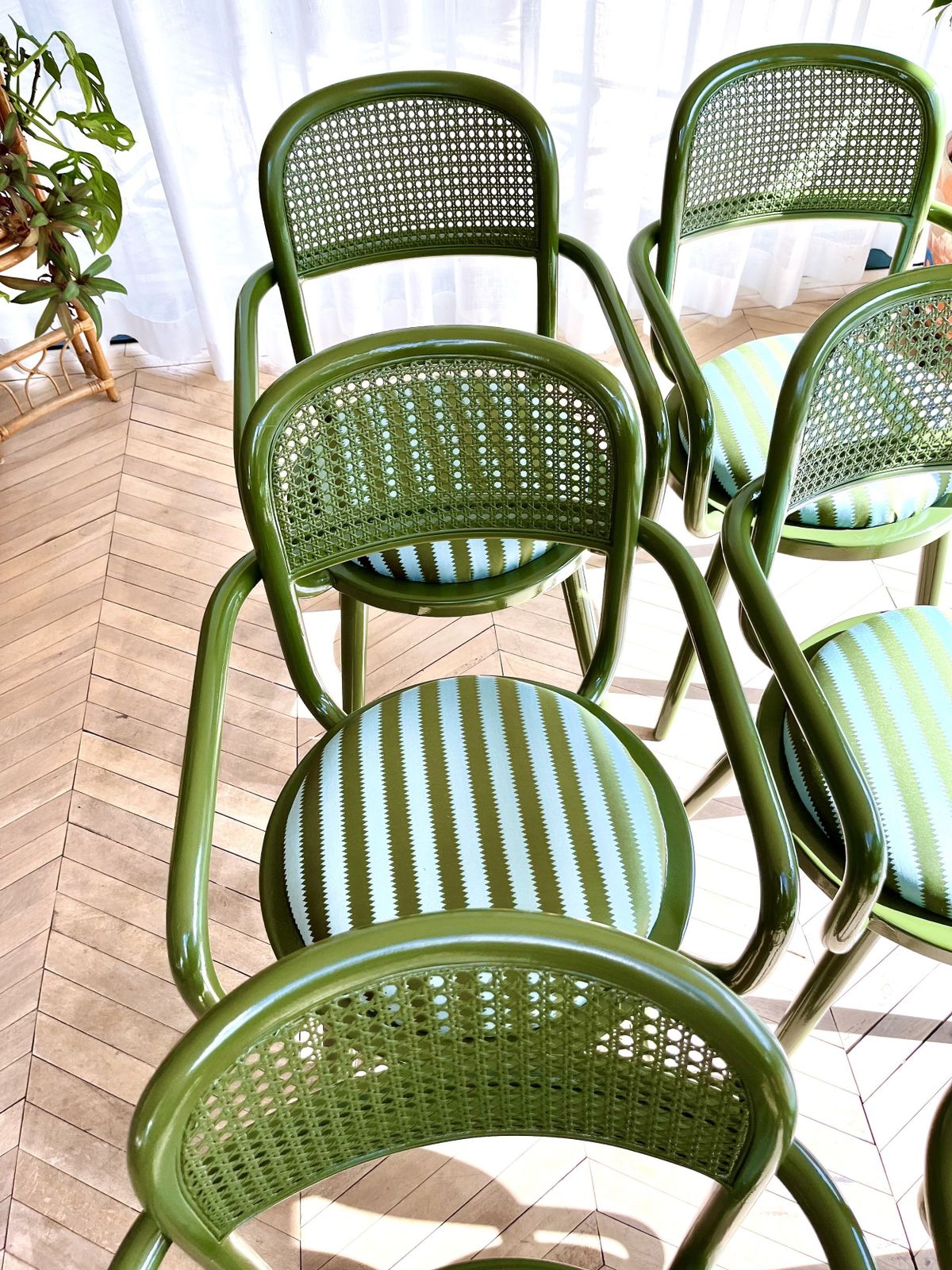 photo for sale Upholstered Set Of Six 1980s Italian Bistro Bentwood & Cane Green Lacquered Chairs