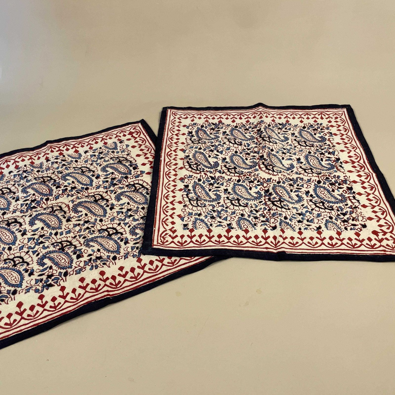 2x Vintage Indian Printed Cloth Fabric Red Blue Paisley Old Tapestry Handmade Craft India Traditional Decorative Table Display Mat Square photo furniture